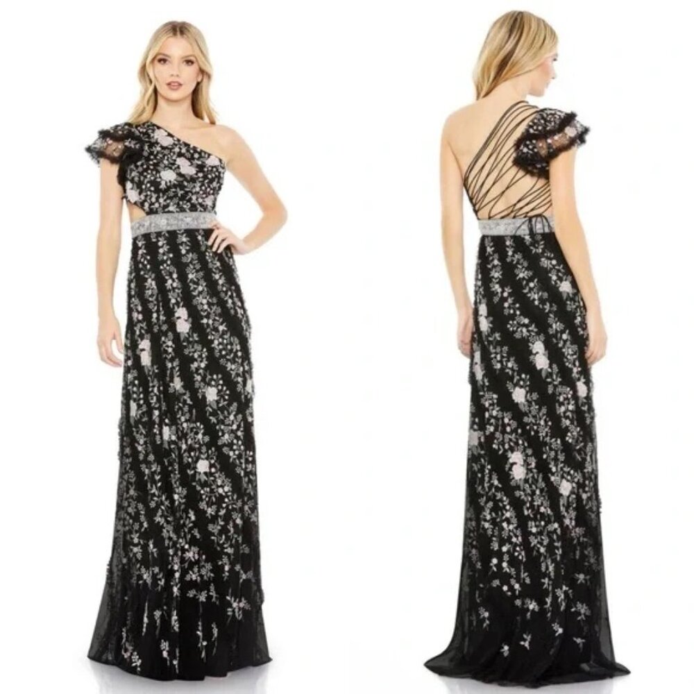 Mac Duggal Black Floral Embroidered Ruffled One Shoulder‎ Lace Up Gown 12 70160